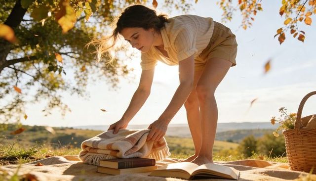 Young woman folding blanket during golden hour picnic in countryside meadow with books