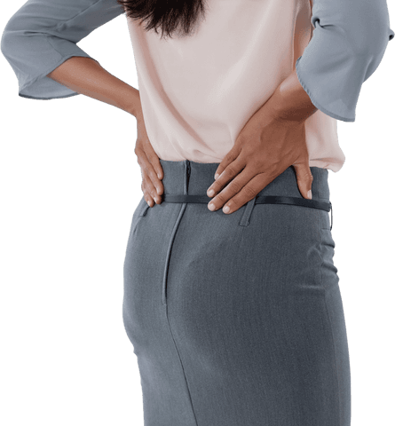 Transparent businesswoman with sore back in office attire