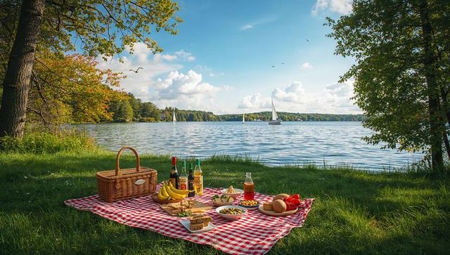 Sunlit Lakeside Picnic on Red Gingham Blanket with Wicker Basket and Sailboats Gliding