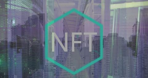 Futuristic nft design blending technology and skyline