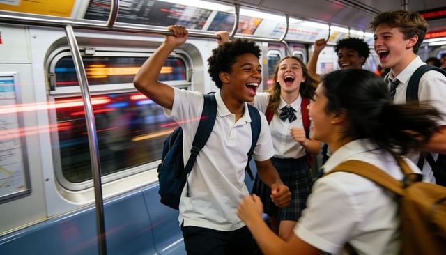 Laughing high school students in uniforms chatting on subway during city commute with backpacks
