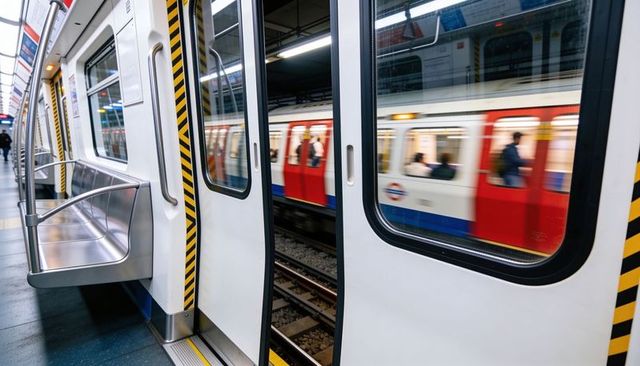 Framing subway doorway with hazard striping while passing train blurring on subway platform