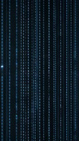 Vertical cyan code streams expanding over black void, particles drifting