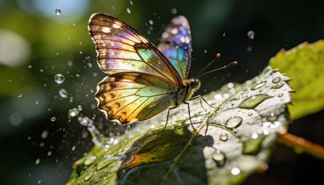 Iridescent butterfly perching on wet leaf with sparkling water droplets and sunlit wings