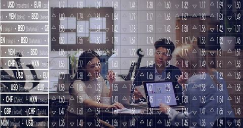 Diverse financial team collaborating on trading data with currency ticker overlay in boardroom