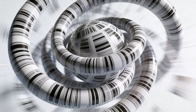 Rotating barcode spiral of toroidal rings around central barcode sphere, monochrome 3d render