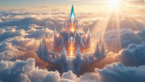 Floating Crystal Palace in Sunrise Over Clouds