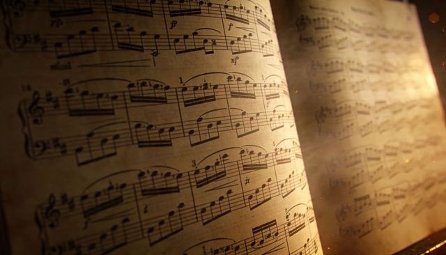 Vintage sheet music glowing on stand with warm lamp light and floating dust particles