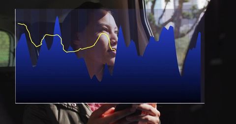 Female passenger holding smartphone gazing out car window with analytics graph overlay