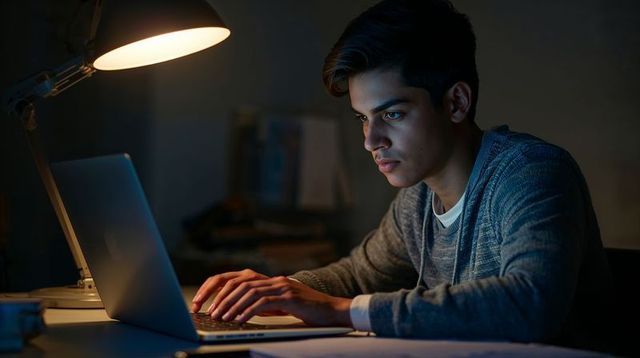 South asian student studying late, typing on laptop under desk lamp, focused concentration