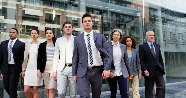 A group of diverse business professionals in various business attire are confidently walking outside an office building with large glass windows. This image portrays themes of teamwork, leadership, corporate culture, and diversity, making it suitable for corporate websites, business presentations, and promotional materials for professional services.