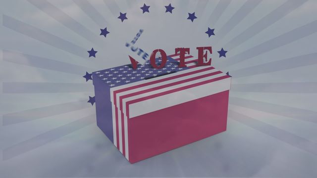 Vibrant animation showcasing the word 'VOTE' dropping into a ballot box adorned with American flag patterns against a serene cloud background. Ideal for use in promotional materials advocating voter participation, election campaigns, civics education, and patriotic themed events.