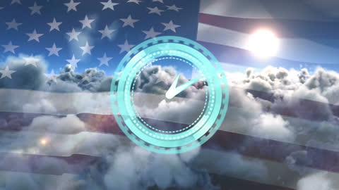 Digital Clock Animation Over Cloudy Sky and UK Flag
