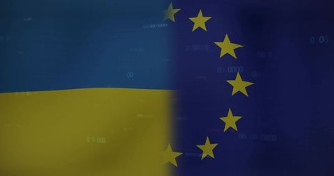 Ukraine and European Union Flags Blending with Digital Code Overlay Symbolizing Unity