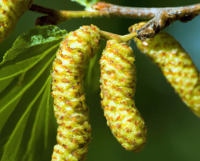 This closeup shows green and yellow catkins hanging from a tree branch in spring, detailed against a blurred background. Perfect for articles on botany, plant growth, springtime nature, and educational materials on tree identification and plant reproduction.