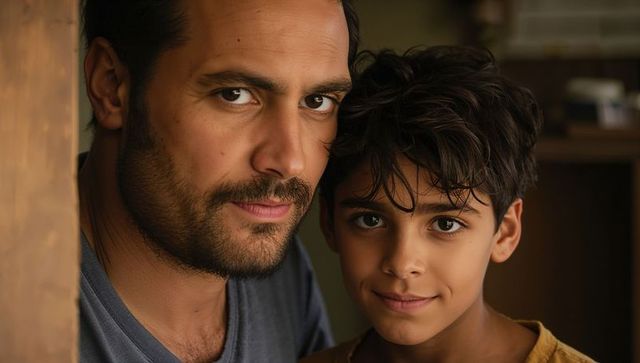 Father and son posing close in warm natural light, intimate home family portrait