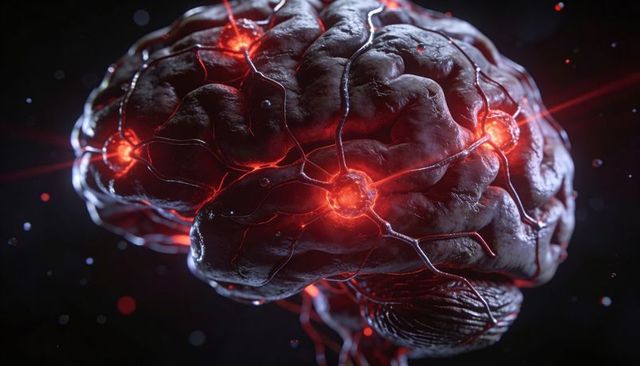 Glowing neural network brain with red hubs and filament conduits, sci-fi anatomy render