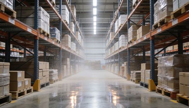 Warehouse aisle reflecting led lights on wet concrete floor amid pallet racking