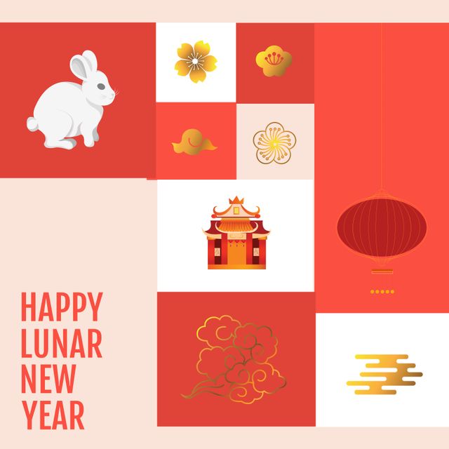 This image features a collection of traditional icons and decorations celebrating Lunar New Year. A white rabbit, symbolic flowers, traditional Chinese buildings, and lanterns, paired with the phrase 'Happy Lunar New Year' in vivid red and gold tones create a festive and joyous atmosphere. Ideal for holiday greetings, cultural event promotions, social media posts, and festive print materials.