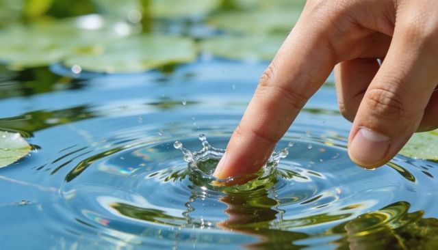 Close-up index finger creating crown splash on pond water with lily pads and ripples