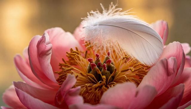 Pink peony blooming with delicate white feather resting on golden stamens