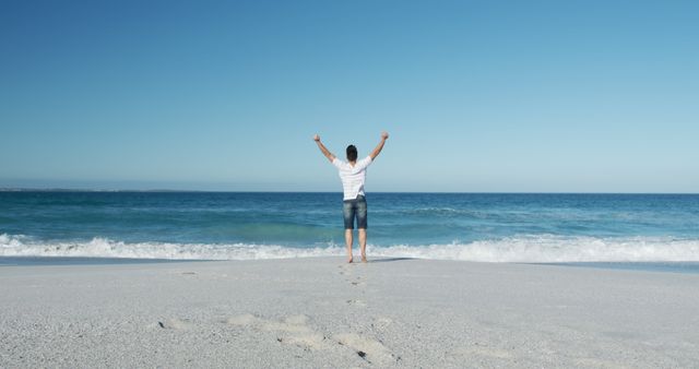 Man Celebrating on Beach with Open Arms Under Clear Sky - Download Free Stock Images Pikwizard.com