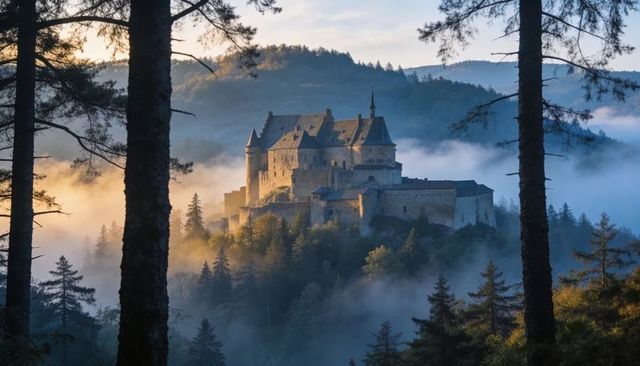 Misty hilltop medieval castle at sunrise with turrets, spire, pine forest and golden light panorama