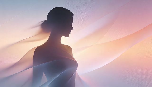 Ethereal woman silhouette posing with flowing translucent ribbons in pastel gradient light