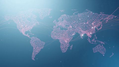 Global digital network map with glowing pink nodes and magenta data lines