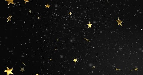 Shimmering Gold Stars Falling Across Deep Black Space with Soft White Bokeh Glow