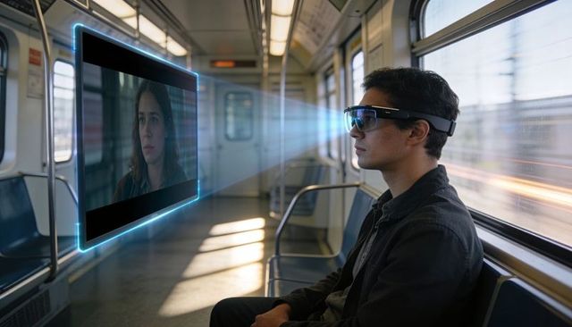 Commuter wearing ar glasses watching holographic display while riding urban subway
