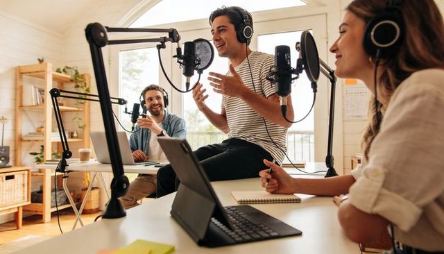 Recording lively podcast with three hosts in bright home studio, collaborating on content