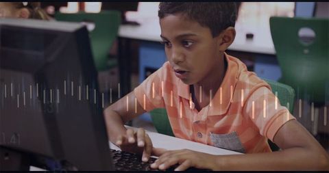 Focused schoolboy typing on computer in classroom with digital waveform overlay