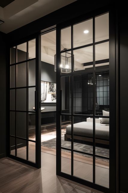 This image shows a modern bedroom featuring elegant black sliding glass doors and minimalist furniture. The sleek design and clean lines create a sophisticated interior decor perfect for a luxury home or stylish apartment. Ideal for use in home decor catalogs, interior design magazines, and luxury real estate listings.