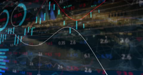 Global Financial Data and Graphs Over Cityscape