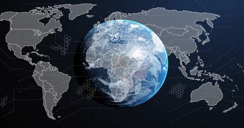 Rotating 3D Earth Globe with Geospatial Map Overlays and Futuristic HUD Interface