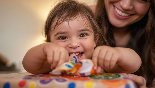 Giggling Toddler Unwrapping Polka-Dot Gift with Smiling Mother in Warm Home Scene