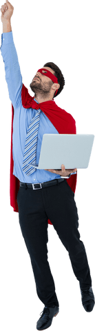 Businessman Wearing Red Superhero Cape with Laptop on Transparent Background