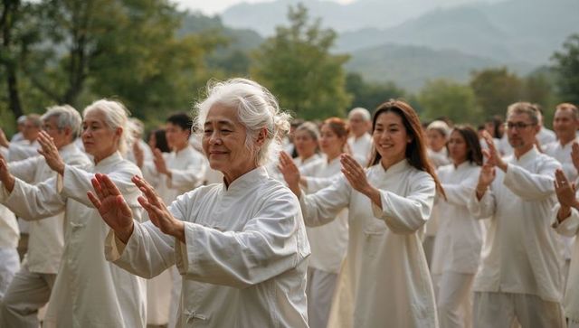 Senior woman leading outdoor tai chi group in park, taijiquan practice for wellness