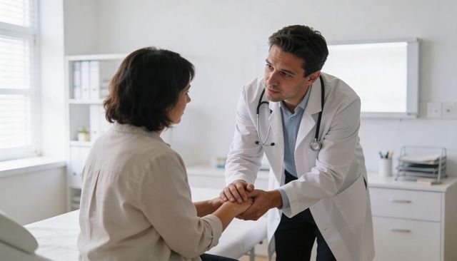Doctor holding patient hands offering compassionate consultation in clinic