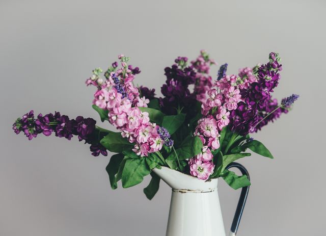 Bouquet of Lavender and Purple Lilacs in White Pitcher - Download Free Stock Photos Pikwizard.com