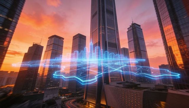 Projecting holographic city grid above downtown skyscrapers at sunset