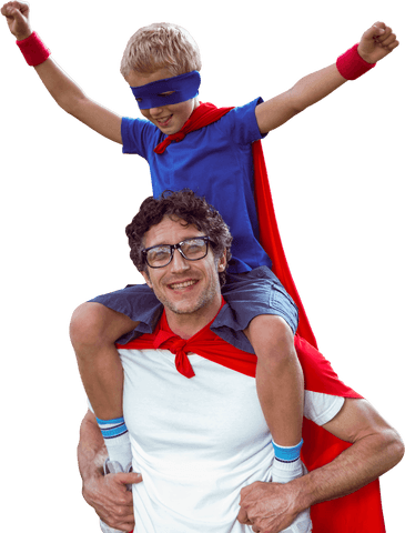 Transparent Father and Son in Superhero Costumes Celebrating Together
