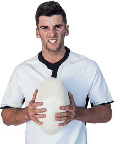 Transparent rugby player holding ball with intense expression