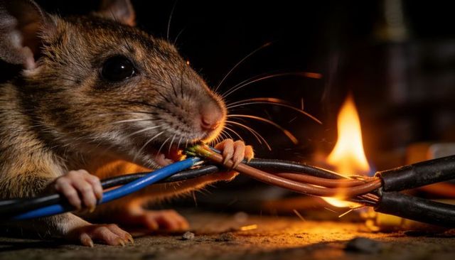 Rodent Gnawing Live Electrical Wires Causing Sparks and Immediate Fire Hazard