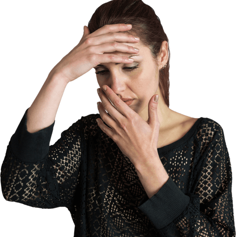 Transparent woman expressing discomfort with hands on head and mouth