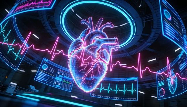 Pulsating holographic heart displaying neon ekg in futuristic medical lab