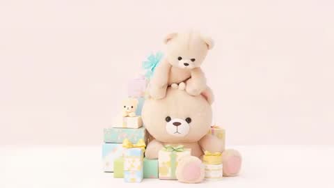 Teddy Sliding Down Large Plush Bear Among Pastel Gift Stack, Cozy Nursery Toy Scene (Loopable)