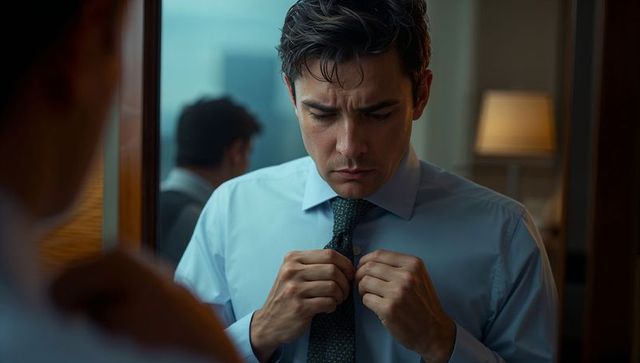 Young man adjusting tie in mirror preparing for important meeting morning routine