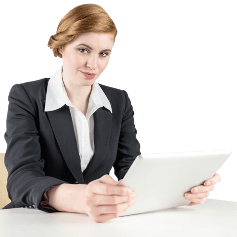 Redhead Businesswoman With Tablet on Transparent Background